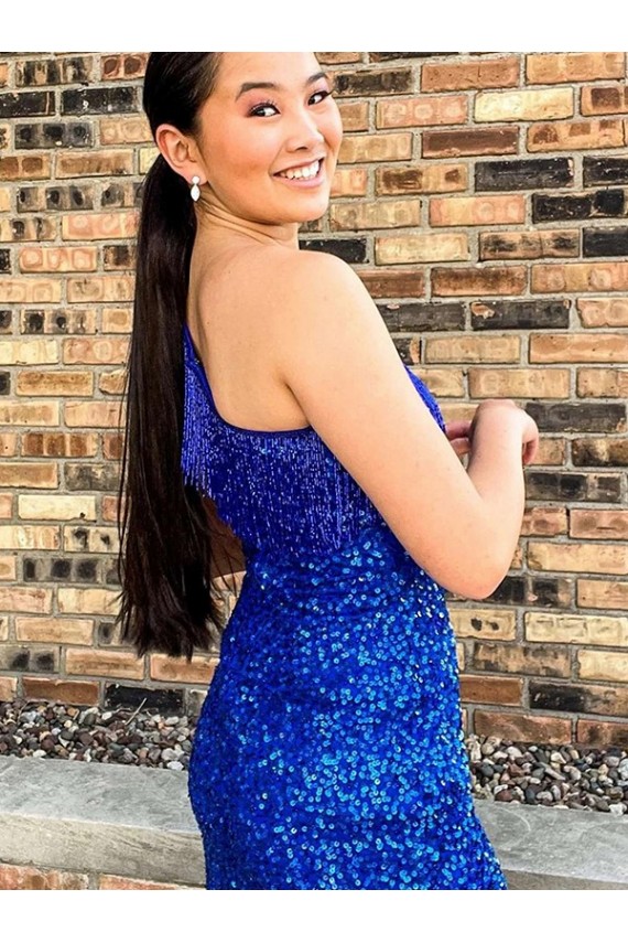 Azul real Cubierta Un Hombre Corto Lentejuelas Terciopelo Corto Vestidos de fiesta