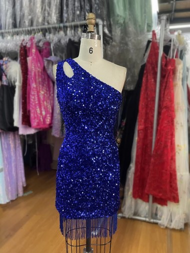 Azul real Cubierta Un Hombre Corto Lentejuelas Terciopelo Corto Vestidos de fiesta