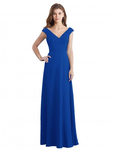 Azul real línea A Cuello en V Gasa Largo Vestidos de dama de honor