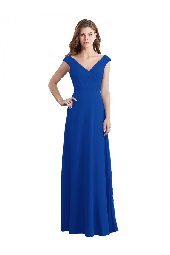 Azul real línea A Cuello en V Gasa Largo Vestidos de dama de honor