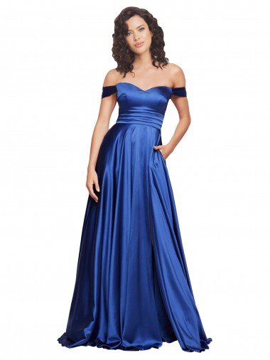 Azul real línea A Hombros Descubiertos Barrer tren Satén elástico Largo Formales Vestidos de dama de honor / Vestidos de fiesta