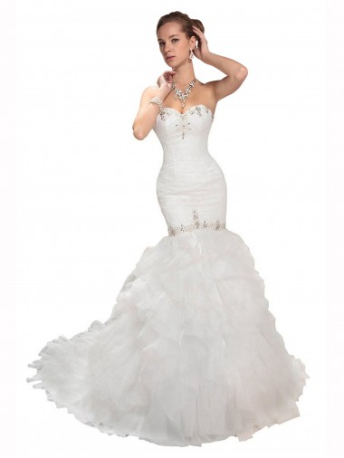 Blanco Sirena Cuello de Corazón Cola capilla Tul Vestidos de novia