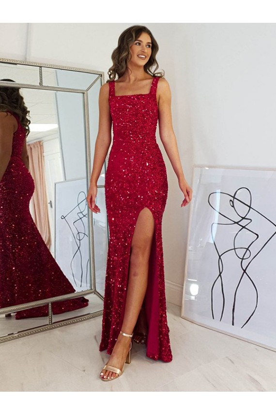 Borgoña Cubierta Cuadrado Lentejuelas Terciopelo Largo Vestidos de fiesta