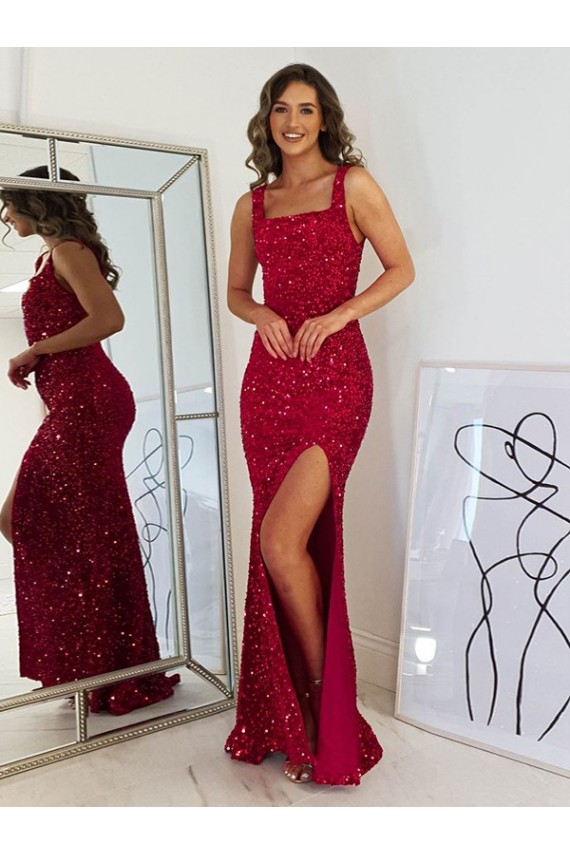 Borgoña Cubierta Cuadrado Lentejuelas Terciopelo Largo Vestidos de fiesta