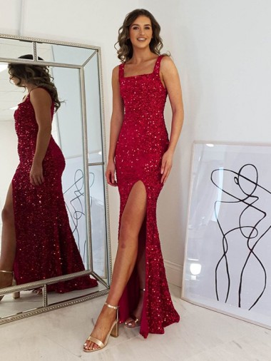 Borgoña Cubierta Cuadrado Lentejuelas Terciopelo Largo Vestidos de fiesta