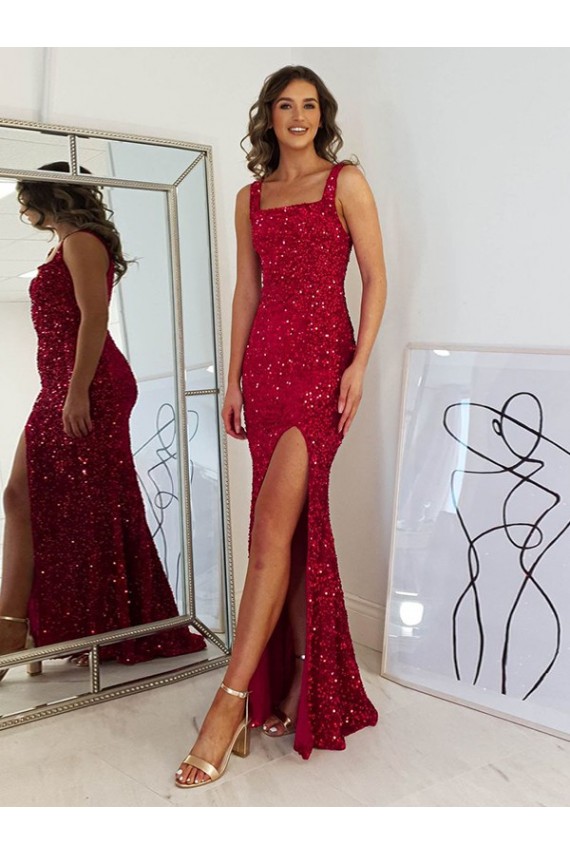 Borgoña Cubierta Cuadrado Lentejuelas Terciopelo Largo Vestidos de fiesta