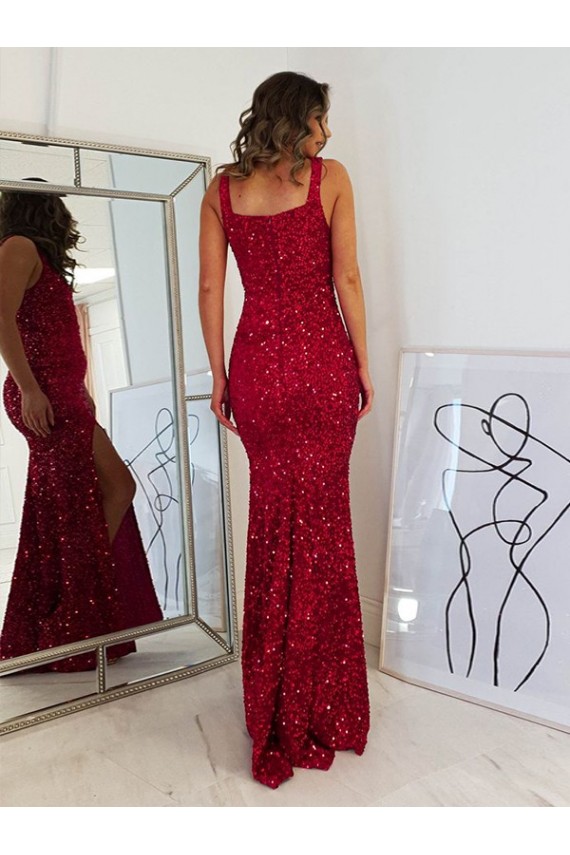 Borgoña Cubierta Cuadrado Lentejuelas Terciopelo Largo Vestidos de fiesta
