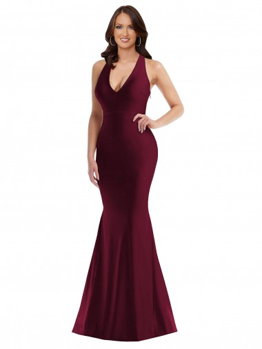 Borgoña Sirena Cuello en V Satén sedoso Largo Formales Vestidos de dama de honor / Vestidos de fiesta