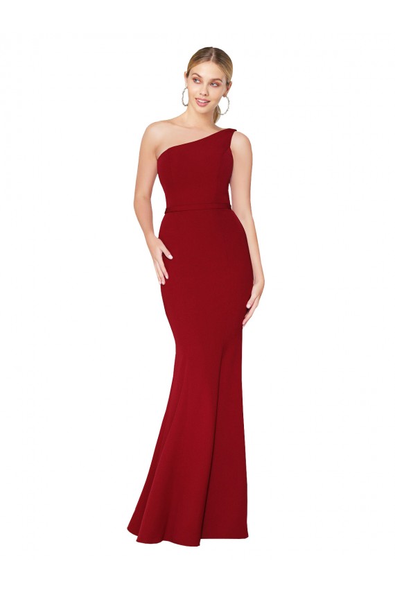 Borgoña Sirena Un Hombre Cuello Alto Crepé Elástico Largo Formales Vestidos de dama de honor / Vestidos de fiesta