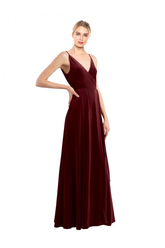 Borgoña línea A Cuello en V Terciopelo Elástico Largo Formales Vestidos de dama de honor / Vestidos de fiesta