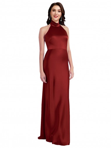 Borgoña línea A Halter Satén elástico Largo Formales Vestidos de dama de honor / Vestidos de fiesta