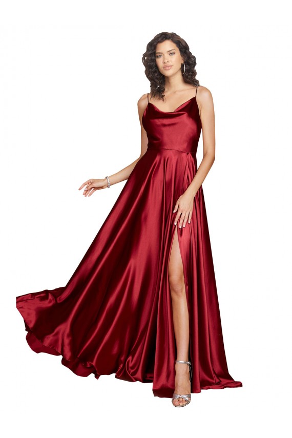Borgoña línea A Tirantes espagueti Satén sedoso Largo Formales Vestidos de dama de honor / Vestidos de fiesta