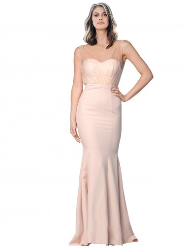 Cubierta Cuello de Corazón Crepé Elástico Tul Largo Formales Vestidos de dama de honor / Vestidos de fiesta