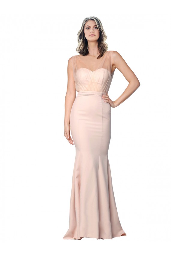 Cubierta Cuello de Corazón Crepé Elástico Tul Largo Formales Vestidos de dama de honor / Vestidos de fiesta
