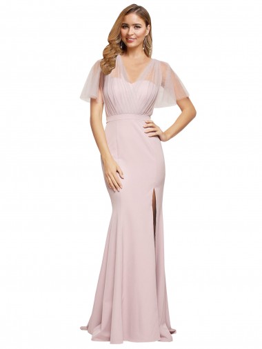 Cubierta Un Hombre Cuello de Corazón Crepé Elástico Tul Largo Formales Vestidos de dama de honor / Vestidos de fiesta