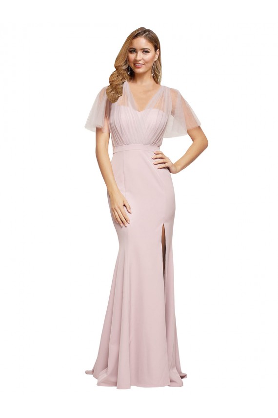 Cubierta Un Hombre Cuello de Corazón Crepé Elástico Tul Largo Formales Vestidos de dama de honor / Vestidos de fiesta