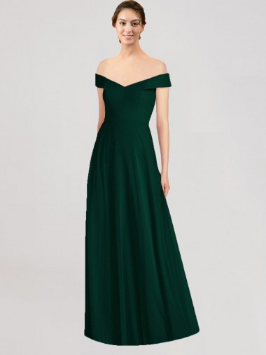Evergreen línea A Hombros Descubiertos Cuello en V Gasa Largo Vestidos de dama de honor