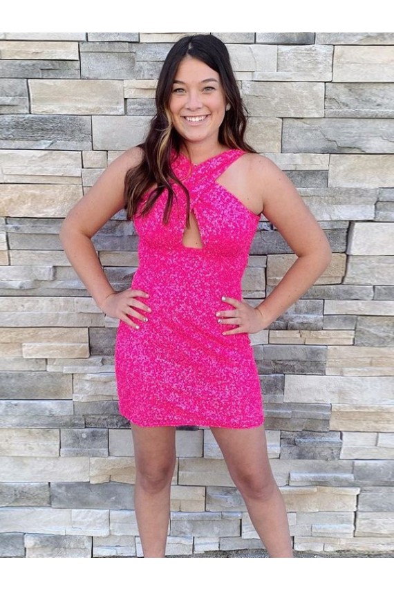 Fucsia Cubierta Halter Corto Lentejuelas Terciopelo Corto Vestidos de fiesta