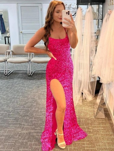Fucsia Cubierta Tirantes espagueti Barrer tren Lentejuelas Terciopelo Largo Vestidos de fiesta