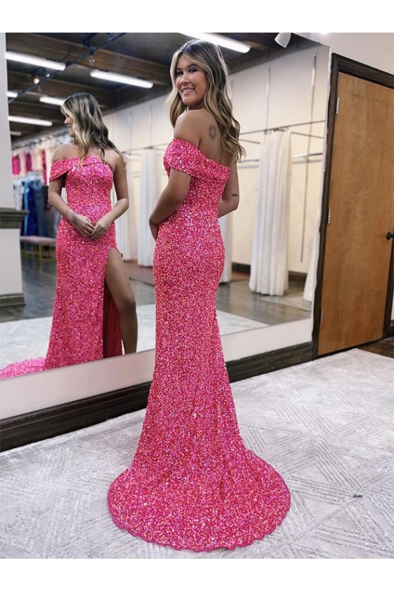 Fucsia Cubierta Un Hombre Barrer tren Lentejuelas Terciopelo Largo Vestidos de fiesta