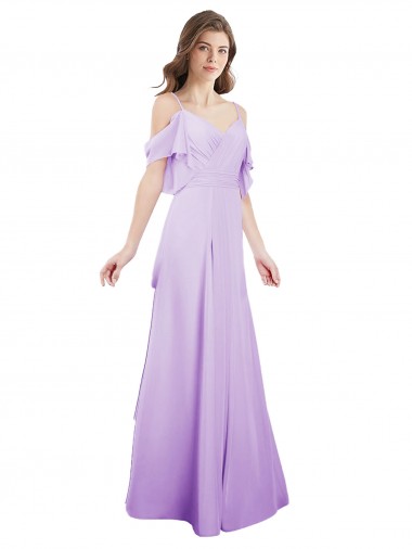 Lila línea A Hombros Descubiertos Tirantes espagueti Gasa Largo Vestidos de dama de honor