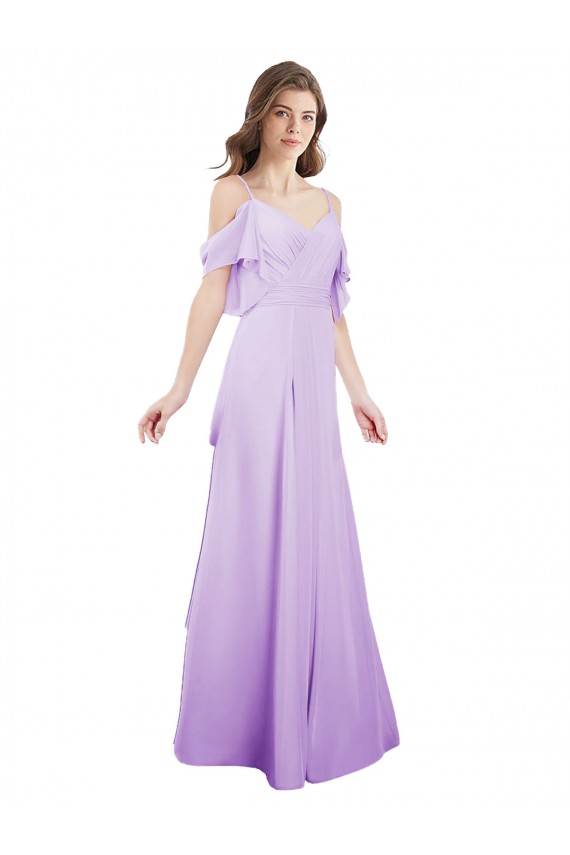 Lila línea A Hombros Descubiertos Tirantes espagueti Gasa Largo Vestidos de dama de honor