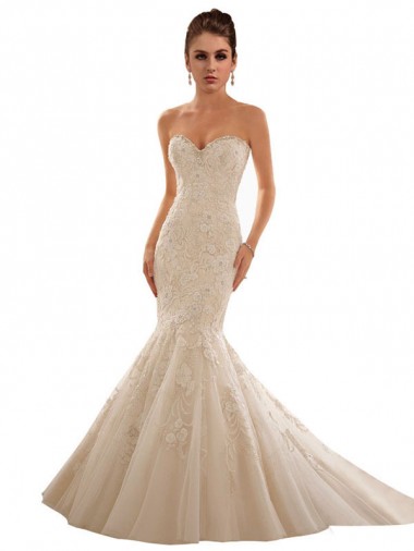 Marfil & Champán Sirena Cuello de Corazón Cola capilla Tul Encaje Vestidos de novia