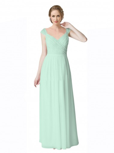 Menta Verde línea A Cuello en V Gasa Encaje Largo Vestidos de dama de honor