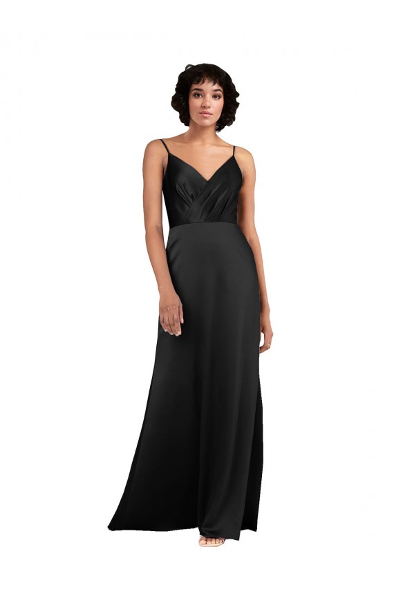 Negro Columna Cuello en V Satén sedoso Largo Asimétrico Formales Vestidos de dama de honor / Vestidos de fiesta