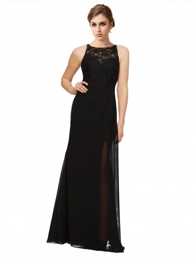 Negro Cubierta Cuello Alto Gasa Encaje Largo Vestidos de dama de honor