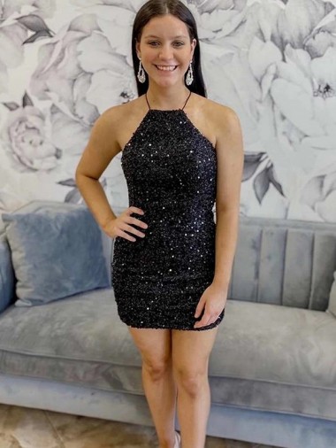 Negro Cubierta Halter Corto Lentejuelas Terciopelo Corto Vestidos de fiesta