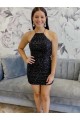 Negro Cubierta Halter Corto Lentejuelas Terciopelo Corto Vestidos de fiesta