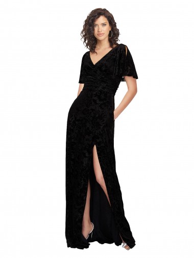 Negro línea A Cuello en V Terciopelo floral Terciopelo Elástico Largo Vestidos de dama de honor