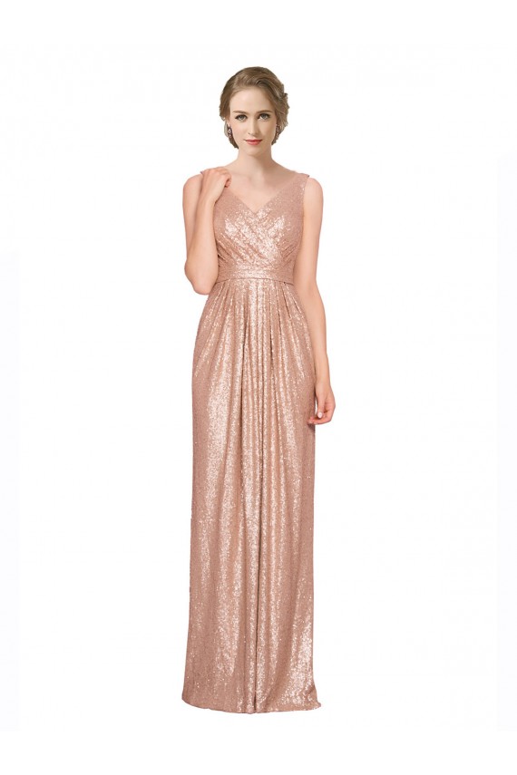 Oro rosa Cubierta Cuello en V Lentejuela Largo Formales Vestidos de dama de honor / Vestidos de fiesta