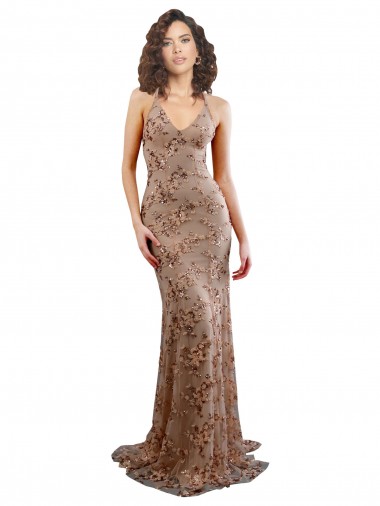 Oro rosa Sirena Cuello en V Cuello Alto Crepé Elástico Lentejuela Tul Largo Formales Vestidos de dama de honor / Vestidos de fiesta