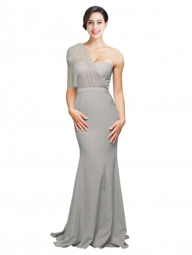 Ostra Plata Sirena Un Hombre Cuello de Corazón Barrer tren Crepé Elástico Tul Largo Formales Vestidos de dama de honor / Vestidos de fiesta
