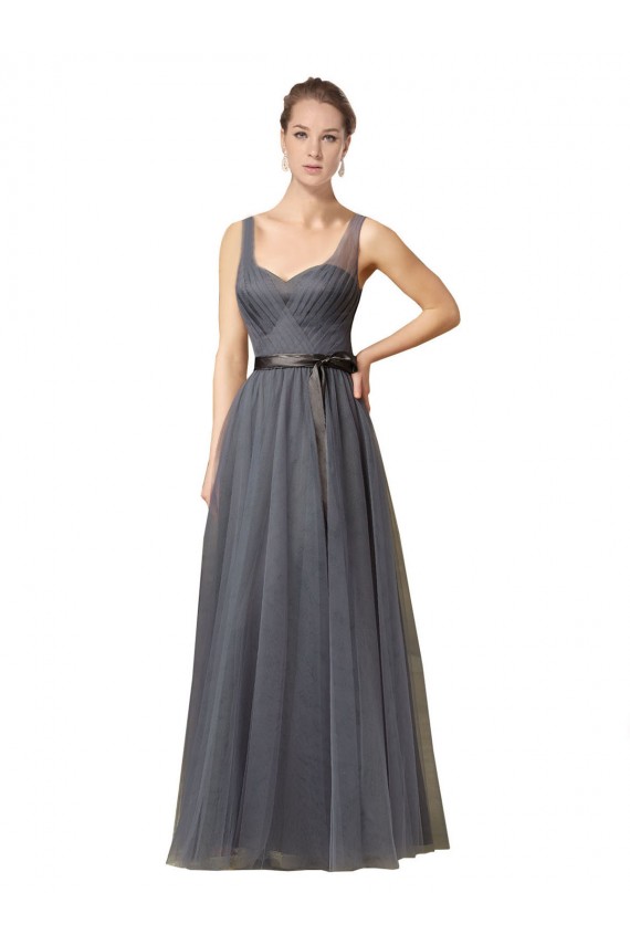 Pizarra gris línea A Cuello de Corazón Tul Largo Vestidos de dama de honor