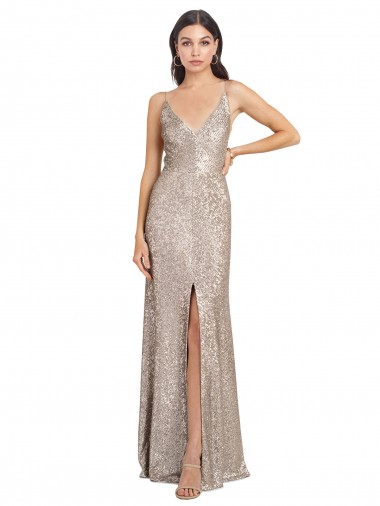 Plata Cubierta Cuello en V Cuello Alto Lentejuela Lentejuelas brillantes Largo Formales Vestidos de dama de honor / Vestidos de fiesta