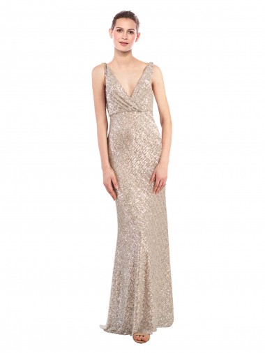 Plata Cubierta Cuello en V Lentejuela Lentejuelas brillantes Largo Formales Vestidos de dama de honor / Vestidos de fiesta