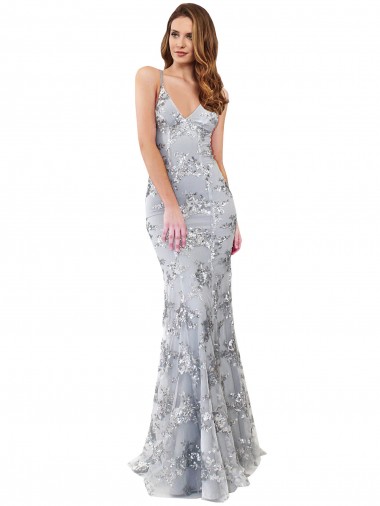 Plata Sirena Cuello en V Cuello Alto Crepé Elástico Lentejuela Tul Largo Formales Vestidos de dama de honor / Vestidos de fiesta