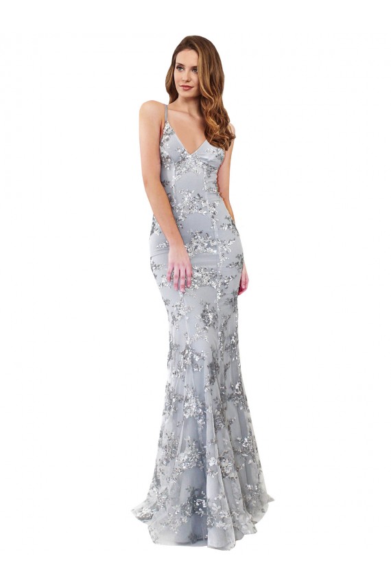 Plata Sirena Cuello en V Cuello Alto Crepé Elástico Lentejuela Tul Largo Formales Vestidos de dama de honor / Vestidos de fiesta