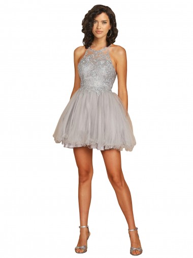 Plata línea A Halter Corto Tul Corto Vestidos de dama de honor / Vestidos de cóctel / Vestidos para homecoming