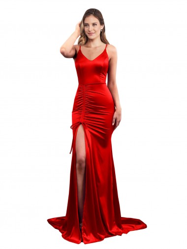 Rojo Sirena Cuello de Corazón Satén elástico Largo Formales Vestidos de dama de honor / Vestidos de fiesta