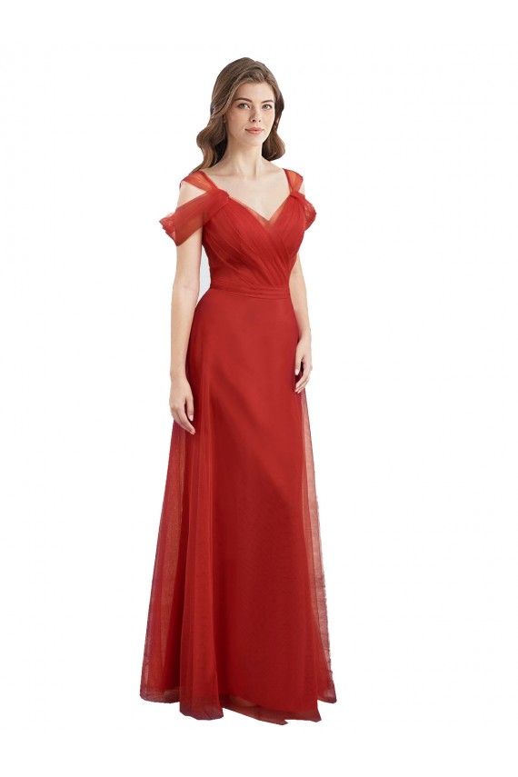 Rojo línea A Cuello de Corazón Tul Largo Vestidos de dama de honor