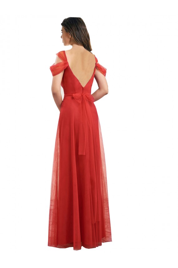Rojo línea A Cuello de Corazón Tul Largo Vestidos de dama de honor