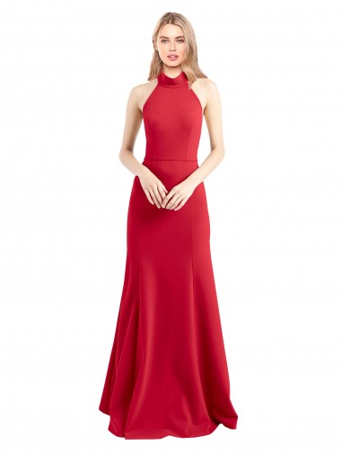 Rojo línea A Halter Cuello Alto Crepé Elástico Largo Formales Vestidos de dama de honor / Vestidos de fiesta