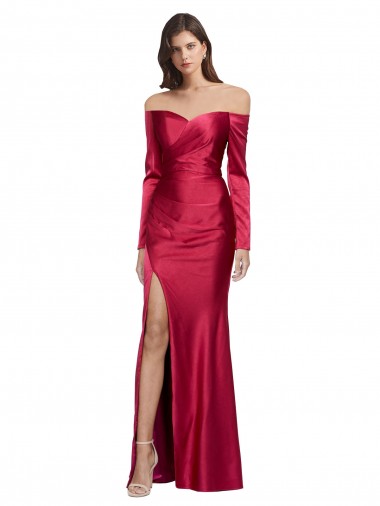 Rojo oscuro Cubierta Cuello de Corazón Satén elástico Largo Formales Vestidos de dama de honor / Vestidos de fiesta