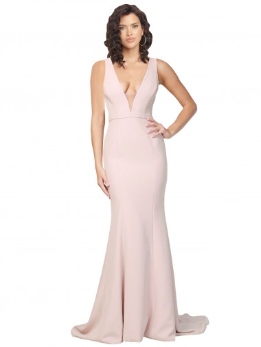 Rosa Cubierta Cuello en V Barrer tren Crepé Elástico Largo Formales Vestidos de dama de honor / Vestidos de fiesta