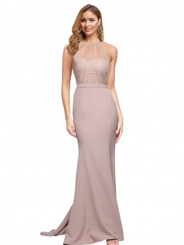 Rosa empolvado Cubierta Cuello Alto Barrer tren Crepé Elástico Largo Formales Vestidos de dama de honor / Vestidos de fiesta