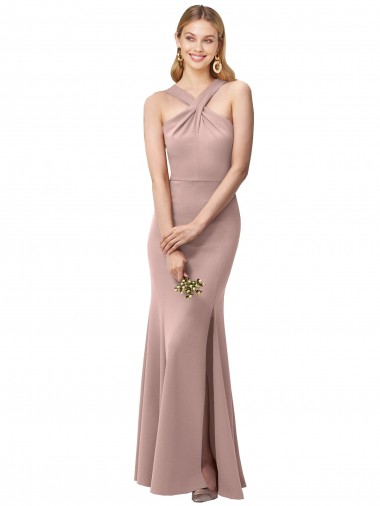 Rosa empolvado Cubierta Halter Cuello Alto Crepé Elástico Largo Vestidos de dama de honor / Vestidos de fiesta